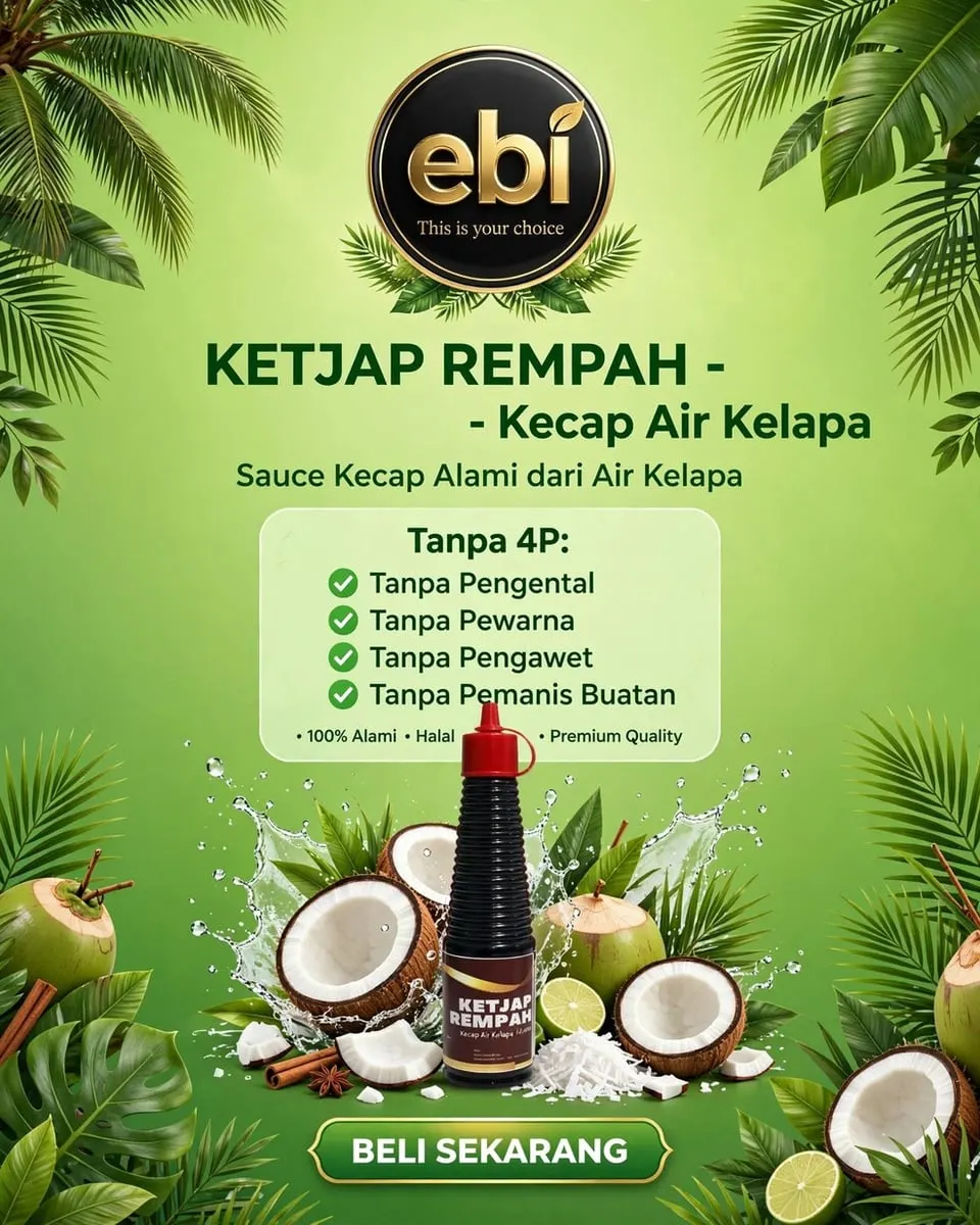 Poster hijau Ketjap Rempah kecap air kelapa dengan botol kecap, buah kelapa dan daftar Tanpa 4P