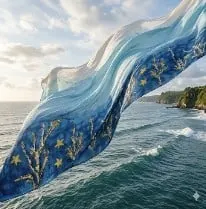 Kain ecoprint biru bermotif ranting dan bintang kuning berkibar di atas laut dengan tebing hijau
