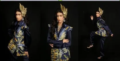 Model berhiasan kepala emas dalam tiga pose mengenakan jaket dan celana ecoprint biru tua bermotif daun