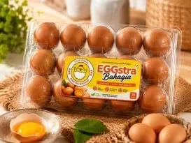 Kemasan mika berisi 15 telur cokelat berlabel EGGstra Bahagia di atas alas anyaman, dengan telur pecah di mangkuk