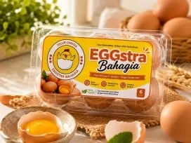 Kemasan mika telur dengan label besar EGGstra Bahagia, dikelilingi telur utuh dan telur pecah