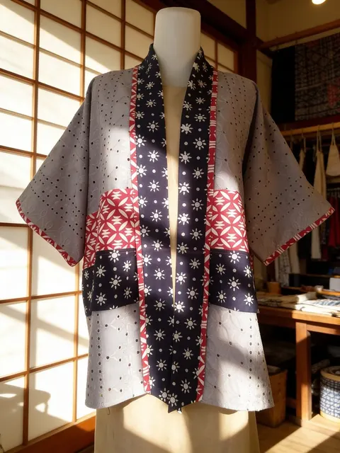 Outer model kimono dari perpaduan kain bermotif bintang biru tua dan motif merah pada manekin di ruangan kayu