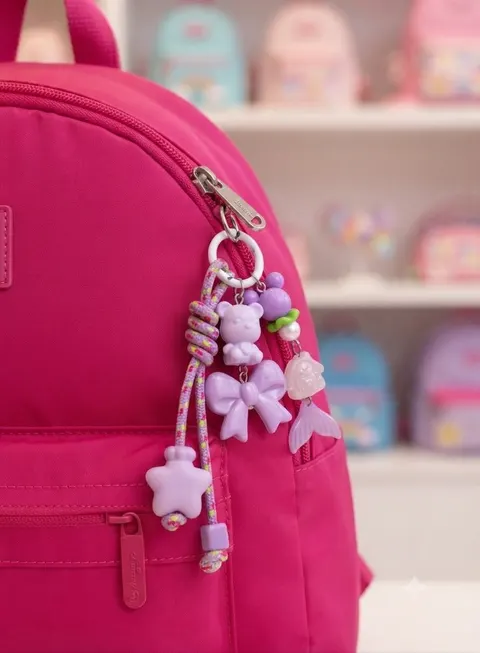 Bag charm ungu muda berbentuk beruang, pita, bintang dan ekor duyung tergantung di ritsleting ransel merah muda
