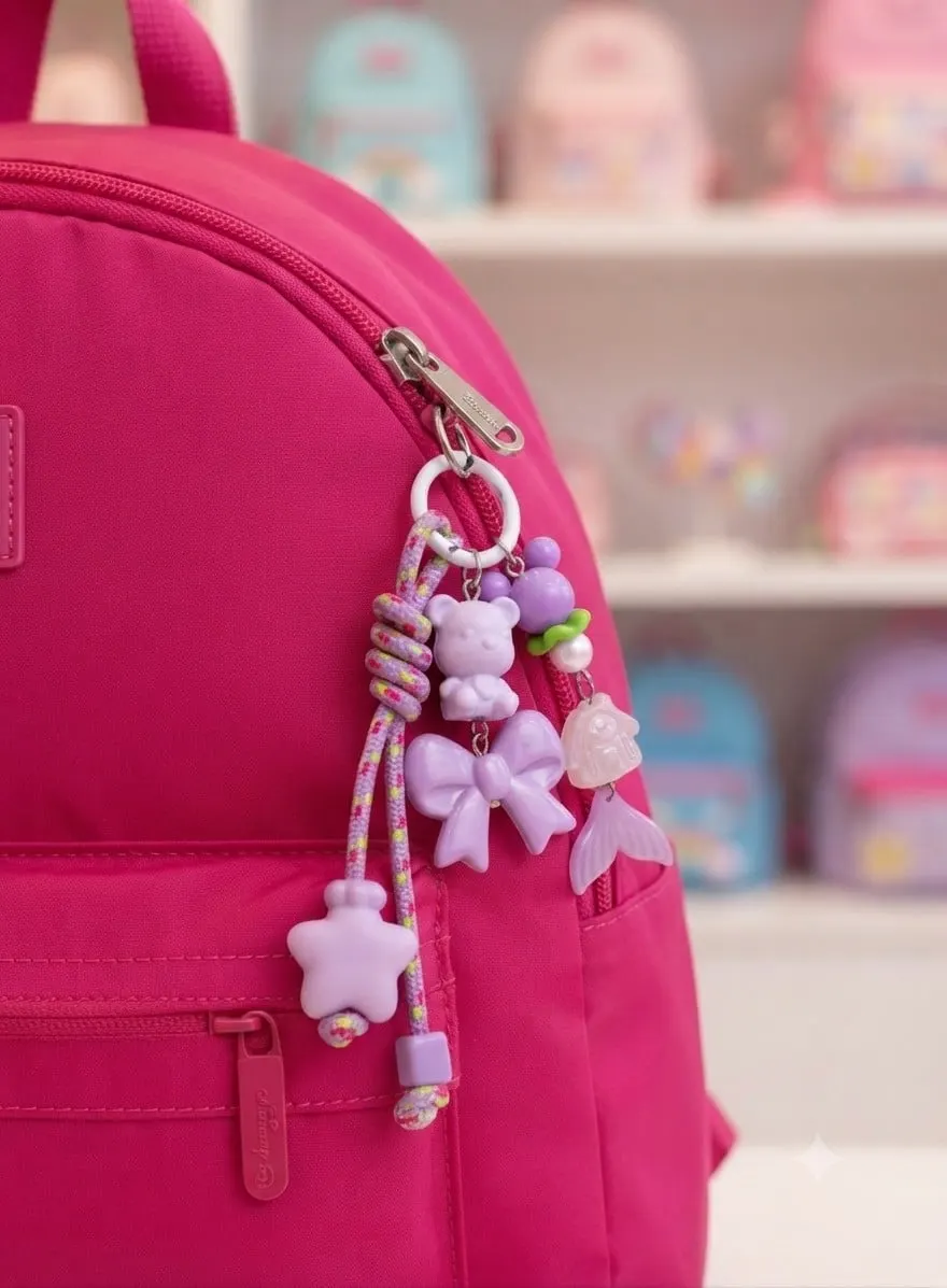 Bag charm ungu muda berbentuk beruang, pita, bintang dan ekor duyung tergantung di ritsleting ransel merah muda