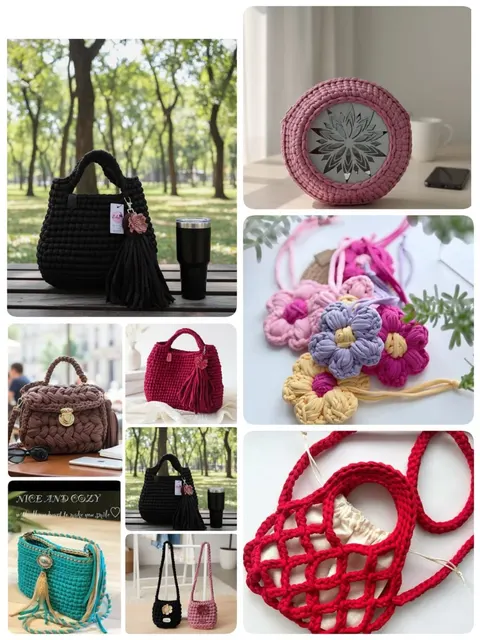 Kolase tas rajut T-yarn hitam berumbai, tas bulat merah muda, tas cokelat, tas toska dan hiasan bunga rajut