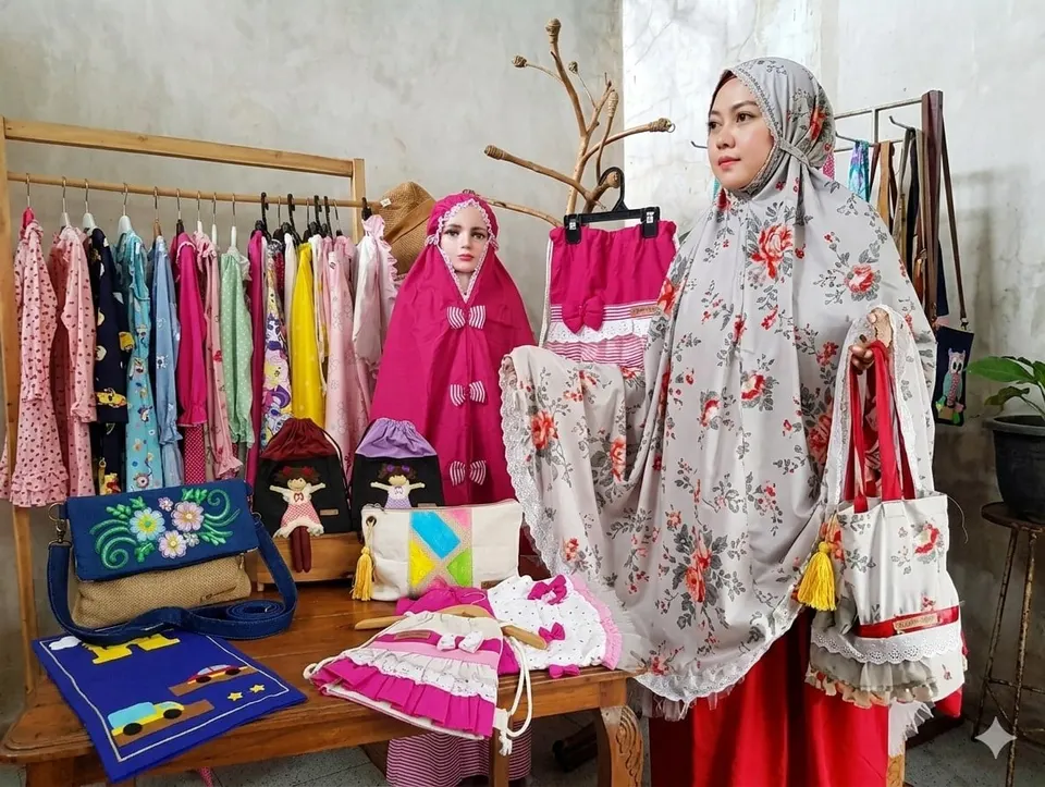Perempuan memakai mukena abu motif mawar sambil membawa tas kain, di samping mukena anak, tas dan rak baju anak