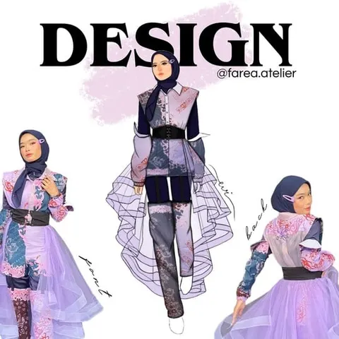 Sketsa desain dan model berhijab memakai busana ungu muda dengan rok tile dan obi hitam