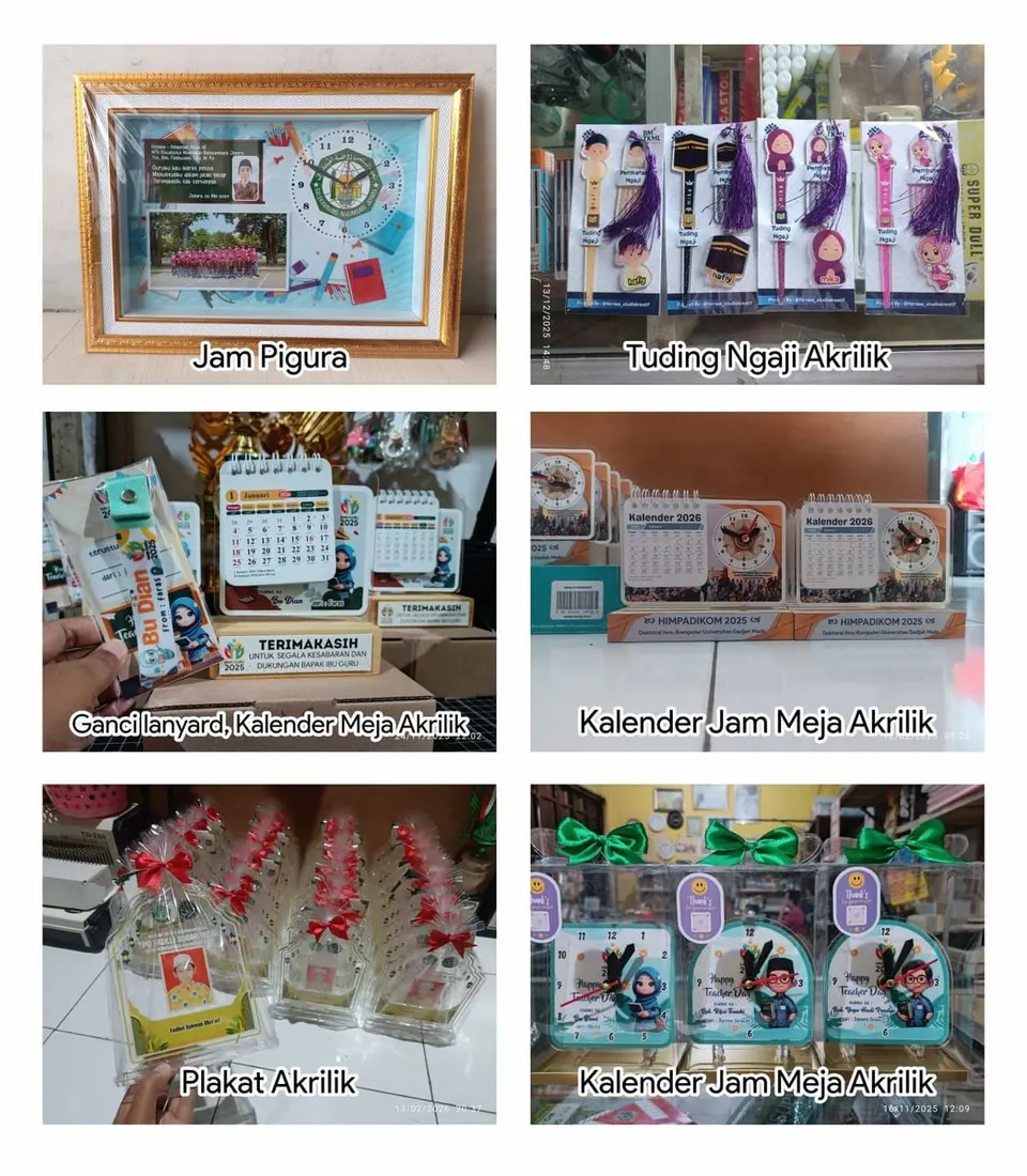 Kolase enam foto produk akrilik custom: jam pigura, tuding ngaji, gantungan kunci lanyard, kalender meja dan plakat
