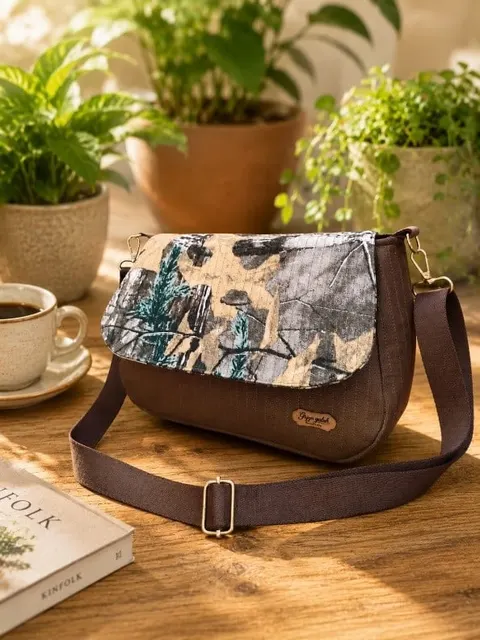 Tas selempang cokelat dengan tutup bermotif kain putih abu-abu dan tali cokelat di atas meja kayu