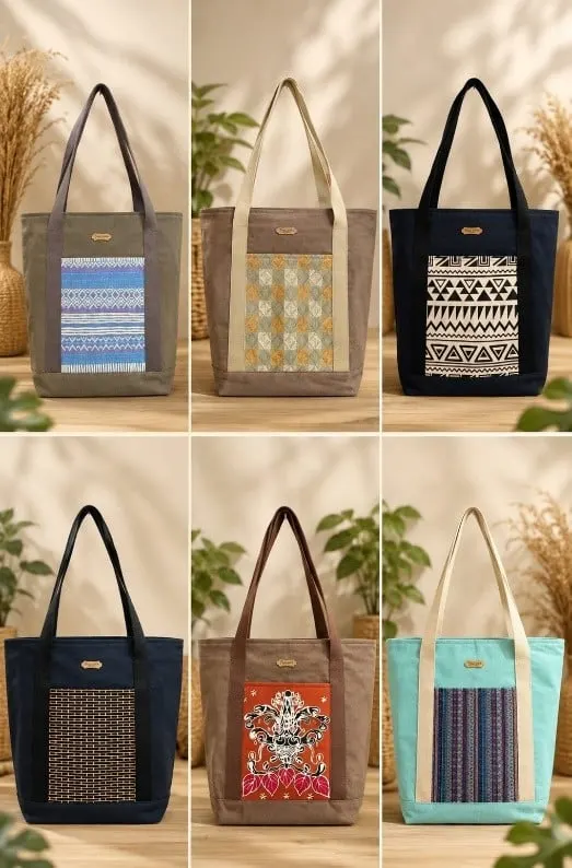 Kolase enam tote bag kanvas aneka warna dengan panel kain tenun dan bordir di bagian depan