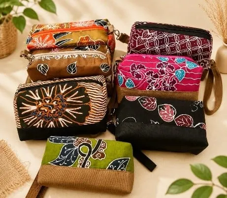 Tumpukan pouch dompet bermotif batik warna-warni dengan bagian bawah kain cokelat