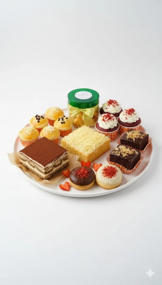 Piring berisi tiramisu, cupcake red velvet, brownies, bolu keju, donat dan toples kue Hamsha Bakery