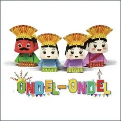 Empat papercraft 3D figur ondel-ondel bermahkota warna-warni di atas tulisan Ondel-Ondel