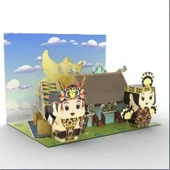 Diorama papercraft pop-up dua tokoh berpakaian adat di depan rumah adat dengan latar langit biru