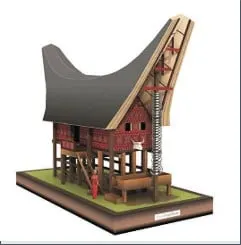 Papercraft 3D rumah adat Tongkonan beratap melengkung di atas alas berumput