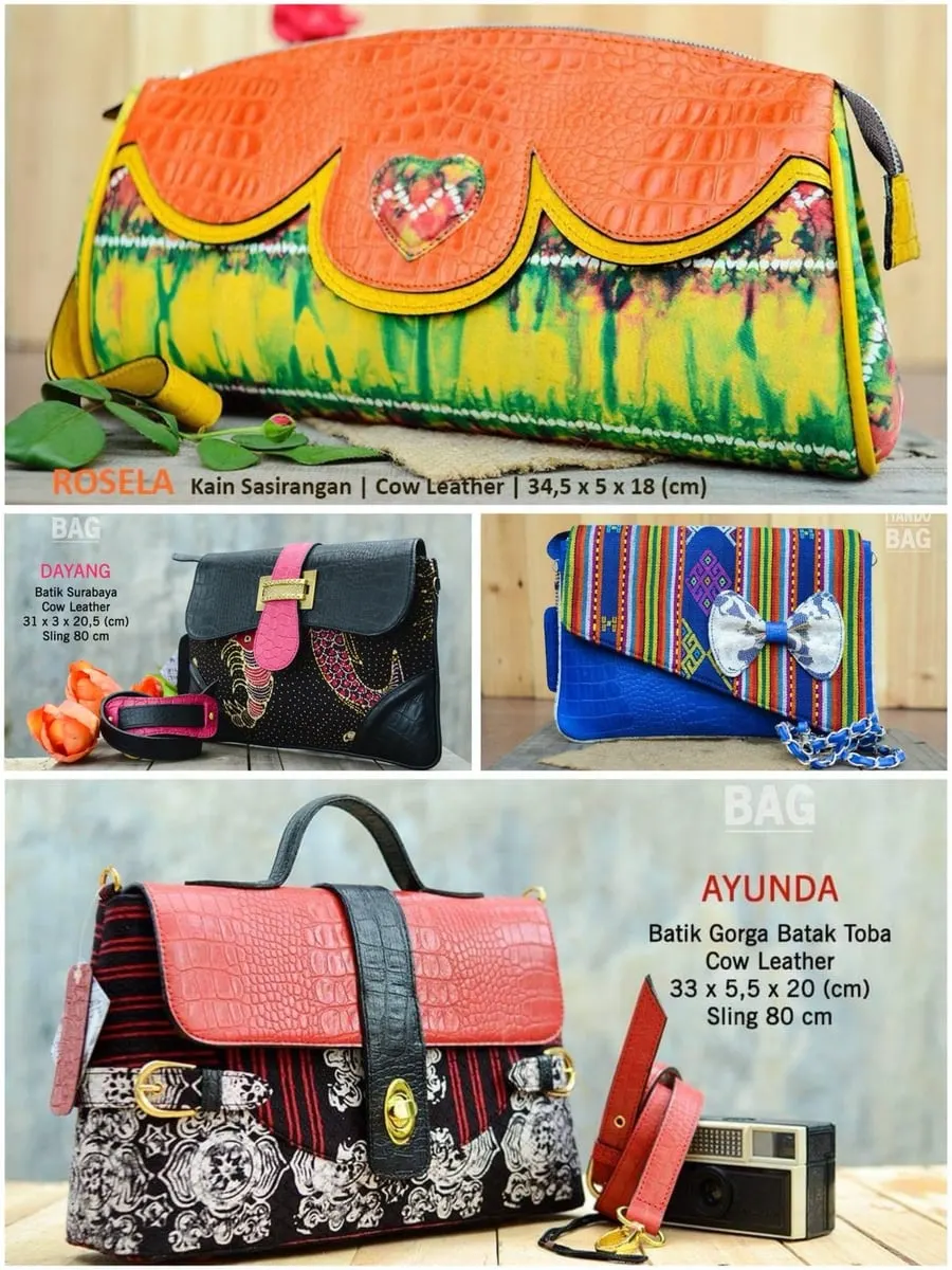 Kolase tas kulit berpadu kain etnik, antara lain Rosela oranye bermotif sasirangan dan Ayunda merah bermotif batik