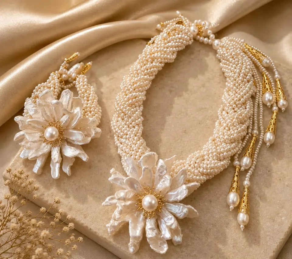 Kalung kepang untaian mutiara putih dengan hiasan bunga mutiara dan juntaian aksen emas di atas kain satin