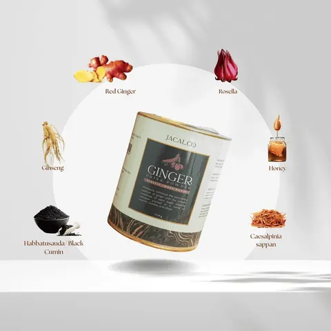Kaleng JACAL.CO Ginger Drink Powder Classic dikelilingi gambar bahan seperti jahe merah, rosela, ginseng dan madu