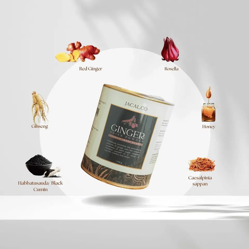 Kaleng JACAL.CO Ginger Drink Powder Classic dikelilingi gambar bahan seperti jahe merah, rosela, ginseng dan madu