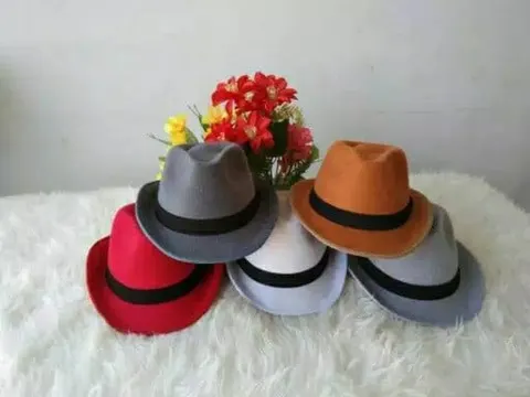 Lima topi fedora merah, abu-abu, putih, cokelat dan abu muda berpita hitam di atas karpet bulu putih