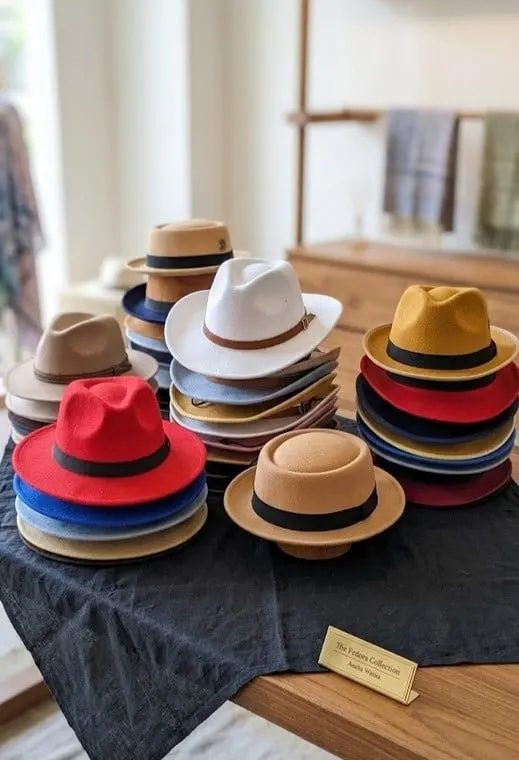 Tumpukan topi fedora aneka warna di meja berkain hitam dengan papan kecil bertuliskan The Fedora Collection