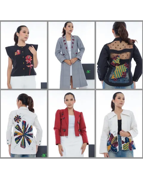 Kolase enam model memakai outerwear hitam, abu-abu, merah dan putih berhias bordir dan aplikasi kain perca