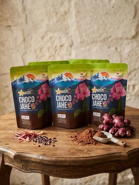 Empat pouch biru hijau KarNisa Choco Jahe di meja kayu dengan bubuk kakao, biji kakao dan jahe merah
