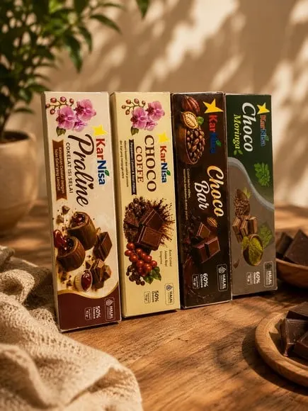 Empat kotak cokelat KarNisa varian Praline, Choco Coffe, Choco Bar dan Choco Moringa di meja kayu