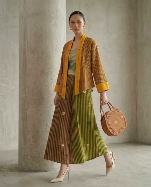 Model memakai outer lurik bertepi kuning, rok lebar lurik cokelat dan hijau, membawa tas rotan bulat