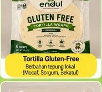 Kemasan Endul Gluten Free Tortilla Wraps berisi enam lembar tortilla berwarna krem