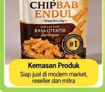 Kemasan standing pouch cokelat Chipbab Endul berisi keripik kulit kebab rasa barbeque