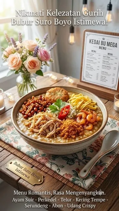 Semangkuk bubur dengan ayam suwir, perkedel, telur iris, udang dan serundeng di samping papan menu Kedai Bu Mega