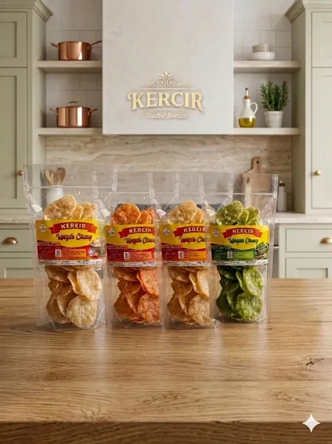Empat kemasan Kercir Keripik Cireng berisi keripik krem, oranye dan hijau di atas meja kayu dengan latar dapur