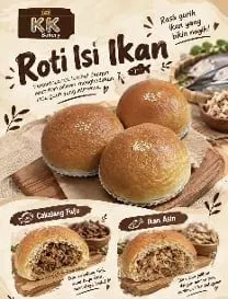 Poster Roti Isi Ikan berisi tiga roti bulat dan dua roti terbelah dengan isian cakalang fufu dan ikan asin