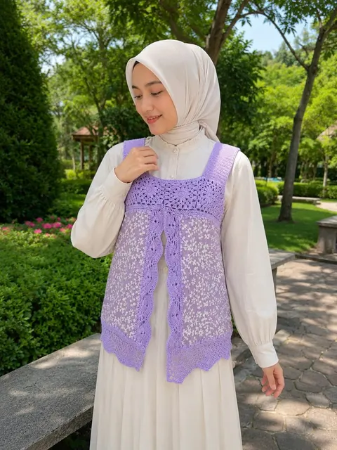 Model berhijab memakai rompi rajut ungu berpanel kain batik putih ungu di taman