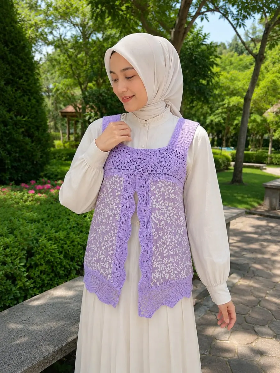 Model berhijab memakai rompi rajut ungu berpanel kain batik putih ungu di taman