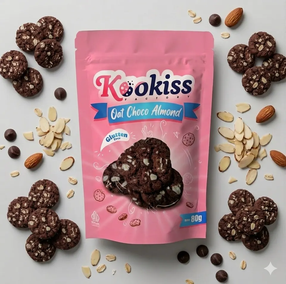 Pouch merah muda Kookiss Oat Choco Almond gluten free 80 gram dikelilingi cookies cokelat dan almon