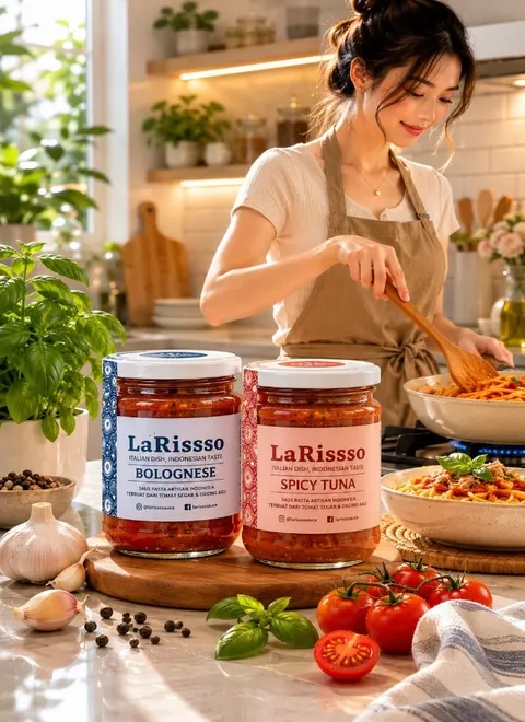 Perempuan memasak pasta di dapur dengan toples saus LaRissso Bolognese dan Spicy Tuna di meja depan
