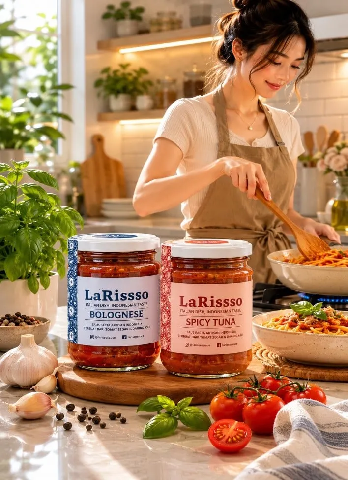 Perempuan memasak pasta di dapur dengan toples saus LaRissso Bolognese dan Spicy Tuna di meja depan