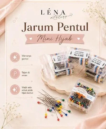 Poster Jarum Pentul Mini Hijab Lena Atelier dengan kemasan plastik berlabel Rp 3.000 dan jarum berkepala warna-warni