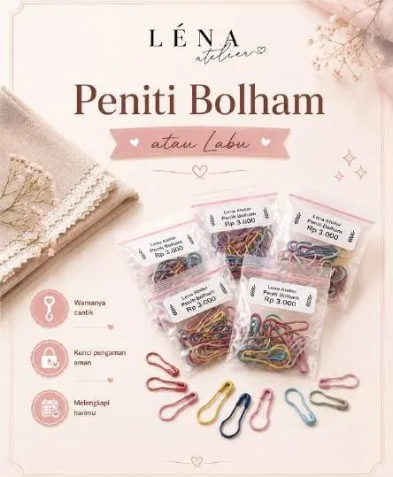 Poster Peniti Bolham Lena Atelier dengan kemasan plastik berlabel Rp 3.000 dan peniti warna-warni