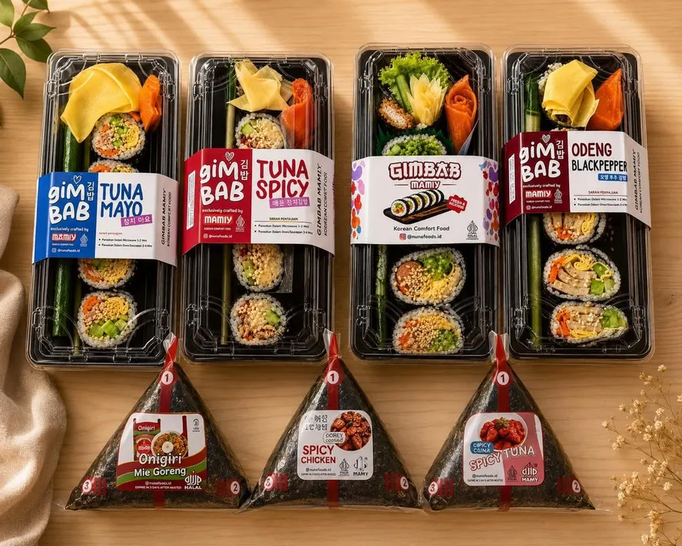 Empat kotak gimbab berlabel Gimbab Mamiy dengan varian tuna dan odeng, serta tiga onigiri berlabel di meja kayu