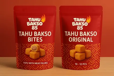 Dua kemasan pouch merah Tahu Bakso 85, varian Tahu Bakso Bites dan Tahu Bakso Original