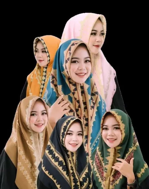 Enam perempuan memakai hijab segi empat motif Nusantara warna oranye, merah muda, biru, cokelat, hitam dan hijau