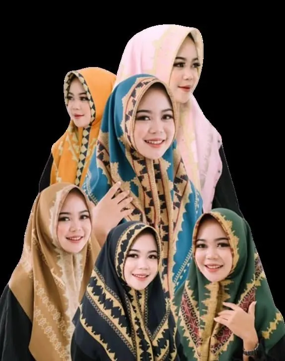 Enam perempuan memakai hijab segi empat motif Nusantara warna oranye, merah muda, biru, cokelat, hitam dan hijau