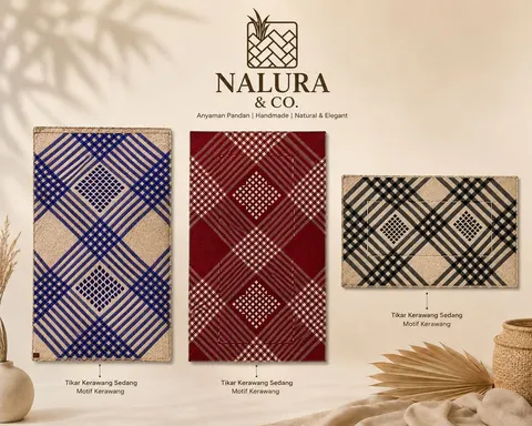Poster tiga tikar anyaman pandan motif kerawang berwarna biru, merah marun, dan hitam dengan logo Nalura & Co.