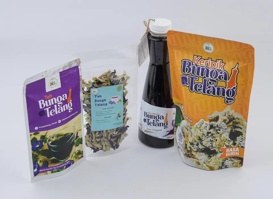 Kemasan Teh Bunga Telang, teh bunga telang kering, botol Sirup Sehat Bunga Telang dan Keripik Bunga Telang