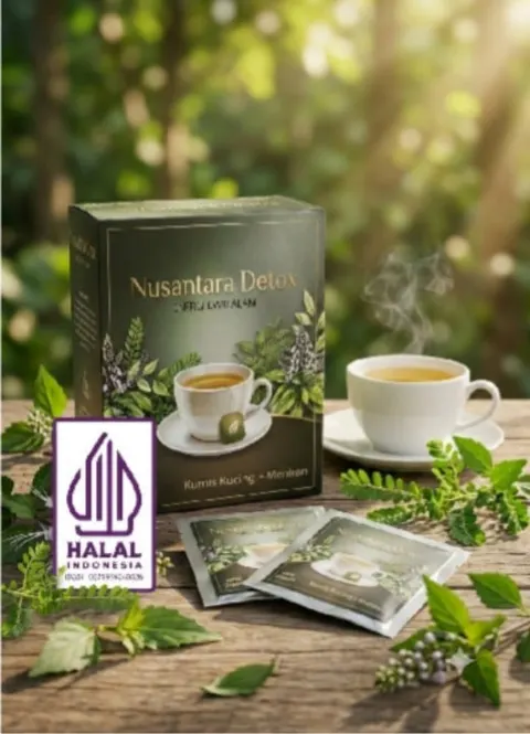 Kotak teh Nusantara Detox Kumis Kucing Meniran, dua sachet dan secangkir teh di meja kayu