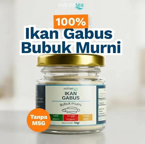 Toples kaca bertutup emas berisi bubuk ikan gabus Nutriensea 30 gr dengan tulisan Ikan Gabus Bubuk Murni
