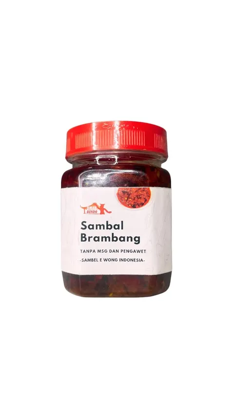 Toples Sambal Brambang bertutup merah berisi sambal merah gelap berlabel putih Omah Bundo